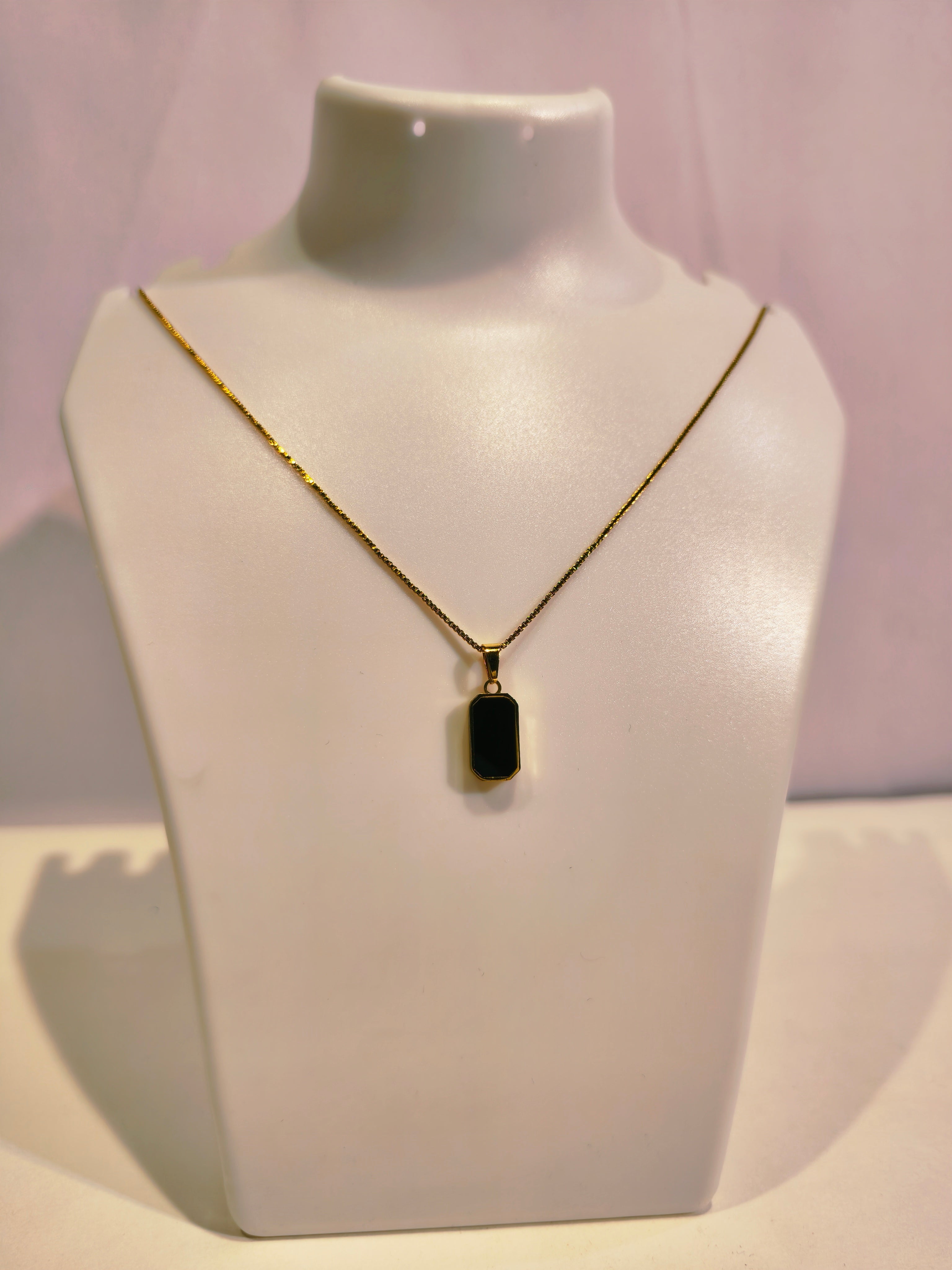 Roopsaj's "Noir" Minimalist Black Onyx Rectangle Pendant Necklace | Gold Box Chain