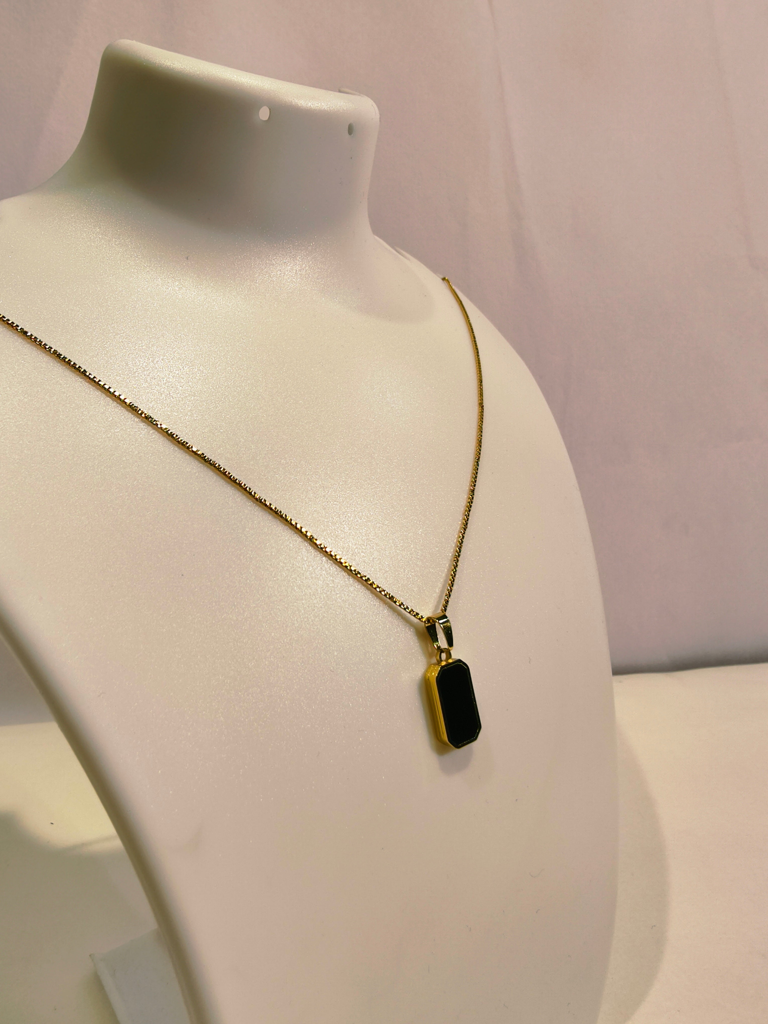 Roopsaj's "Noir" Minimalist Black Onyx Rectangle Pendant Necklace | Gold Box Chain
