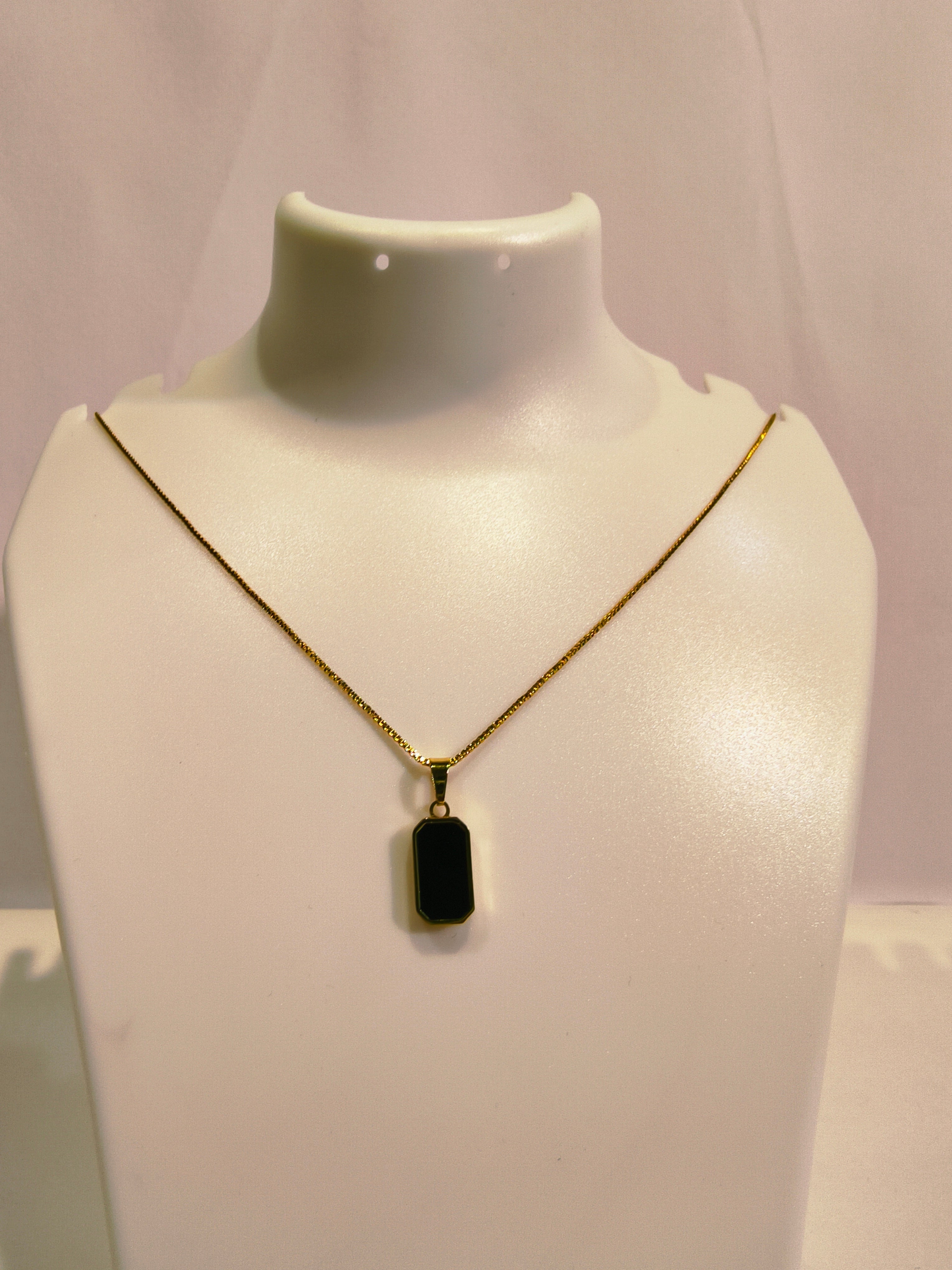 Roopsaj's "Noir" Minimalist Black Onyx Rectangle Pendant Necklace | Gold Box Chain