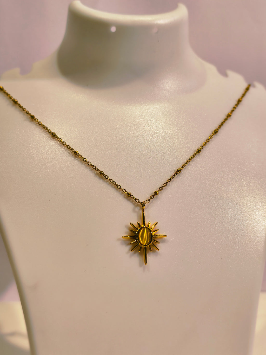 Roopsaj's "Celestial Sunburst" Gold Star Pendant Necklace | Golden Cat Eye Stone
