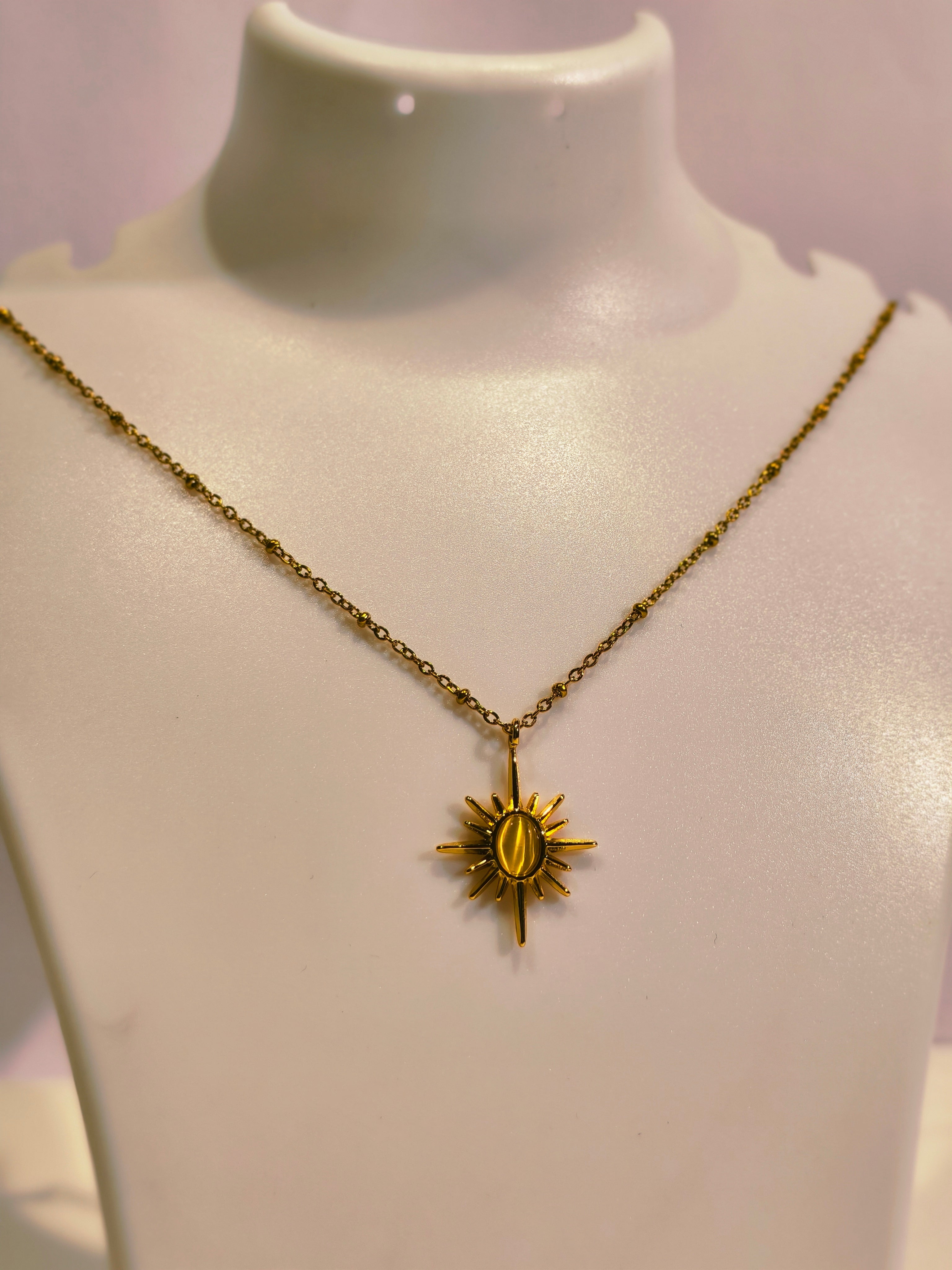 Roopsaj's "Celestial Sunburst" Gold Star Pendant Necklace | Golden Cat Eye Stone