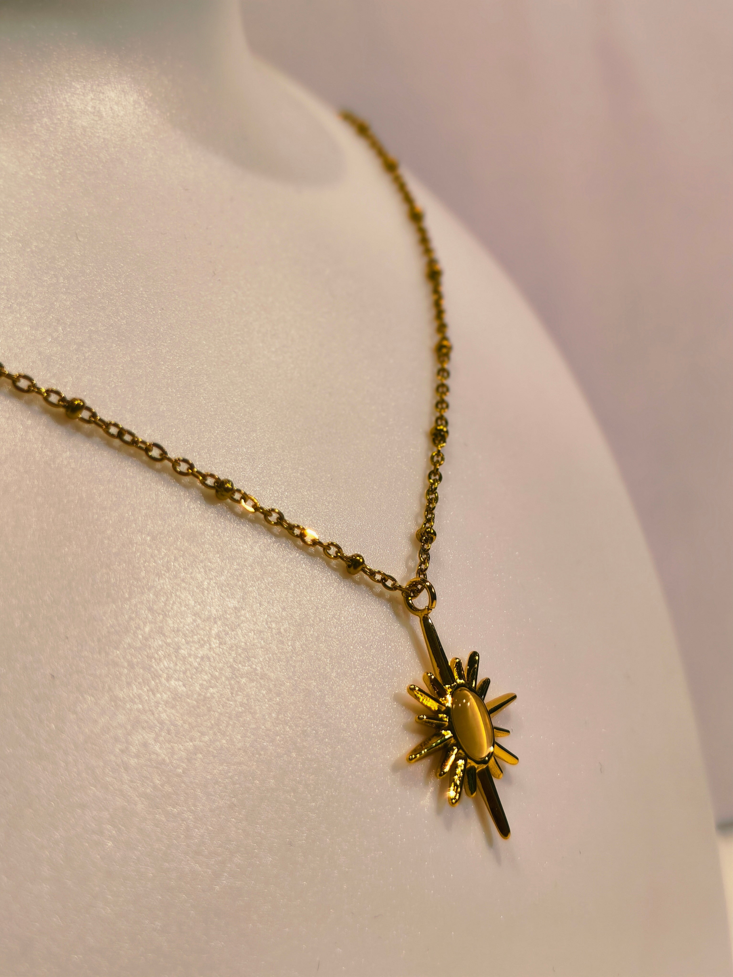 Roopsaj's "Celestial Sunburst" Gold Star Pendant Necklace | Golden Cat Eye Stone