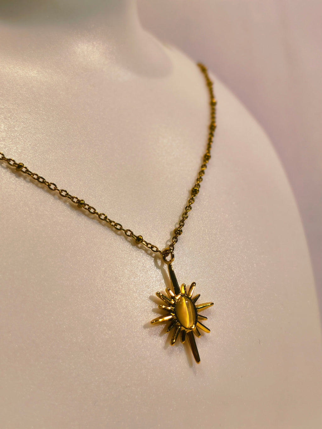 Roopsaj's "Celestial Sunburst" Gold Star Pendant Necklace | Golden Cat Eye Stone