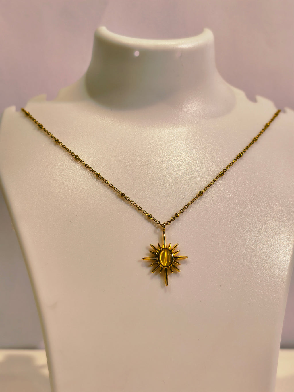 Roopsaj's "Celestial Sunburst" Gold Star Pendant Necklace | Golden Cat Eye Stone