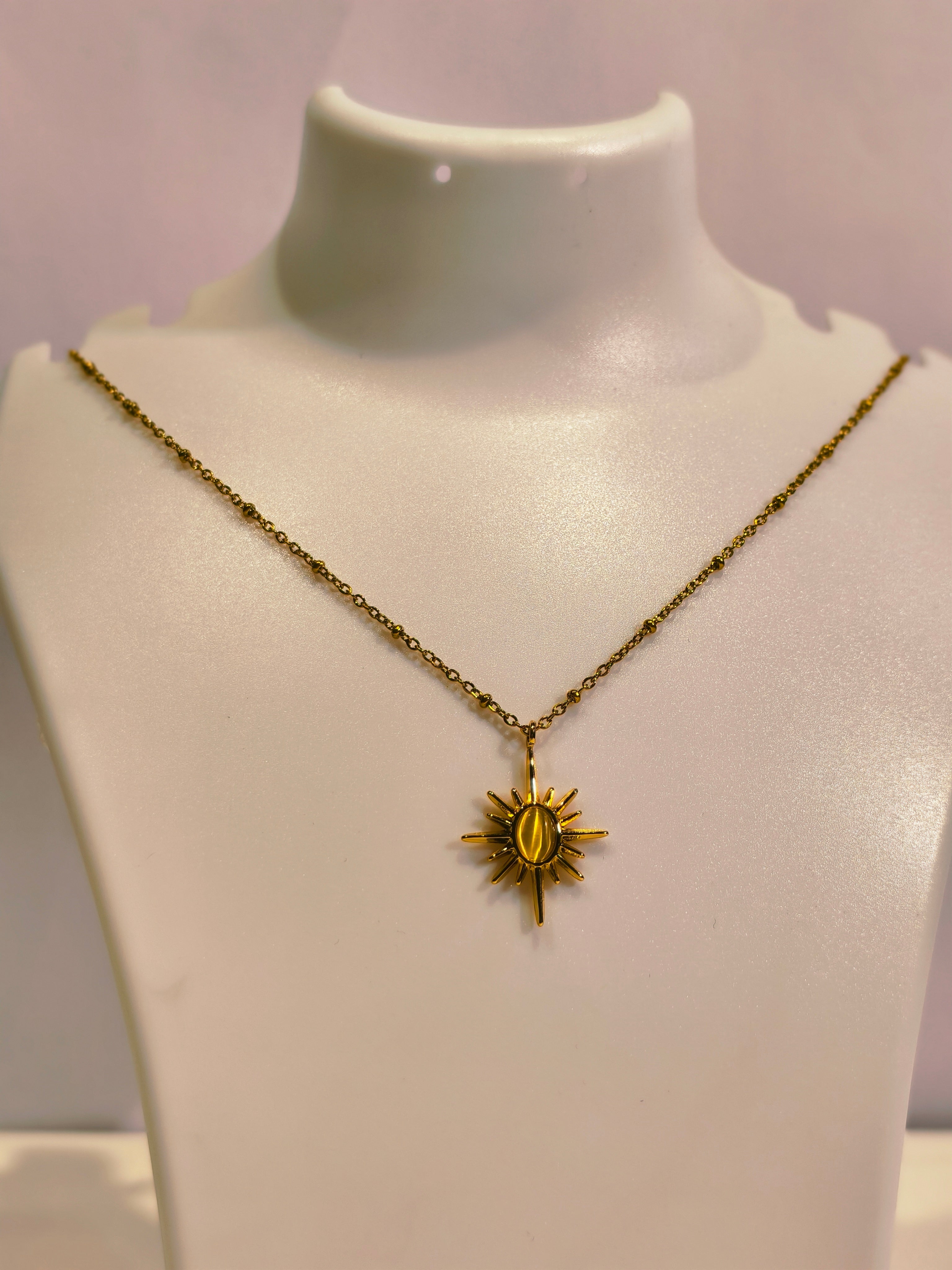 Roopsaj's "Celestial Sunburst" Gold Star Pendant Necklace | Golden Cat Eye Stone