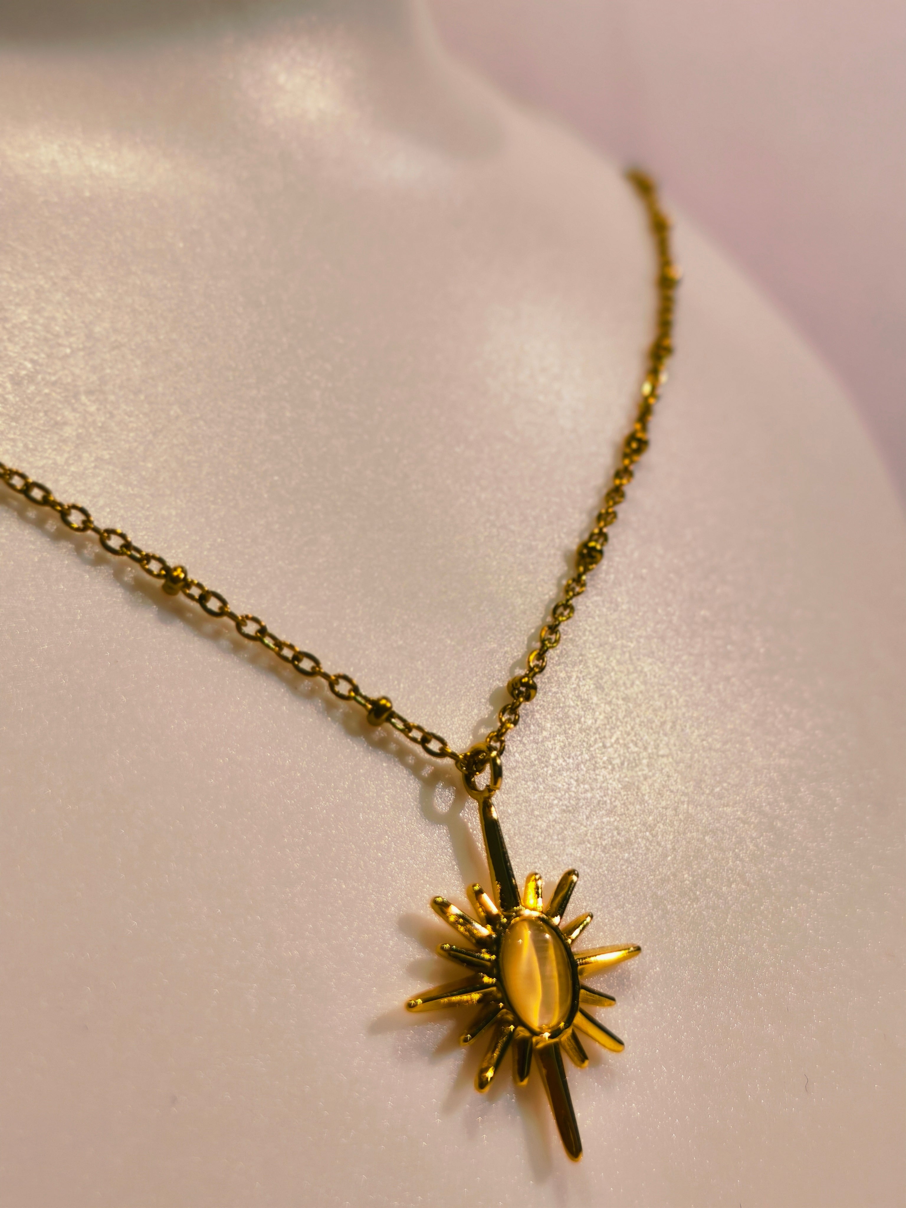 Roopsaj's "Celestial Sunburst" Gold Star Pendant Necklace | Golden Cat Eye Stone